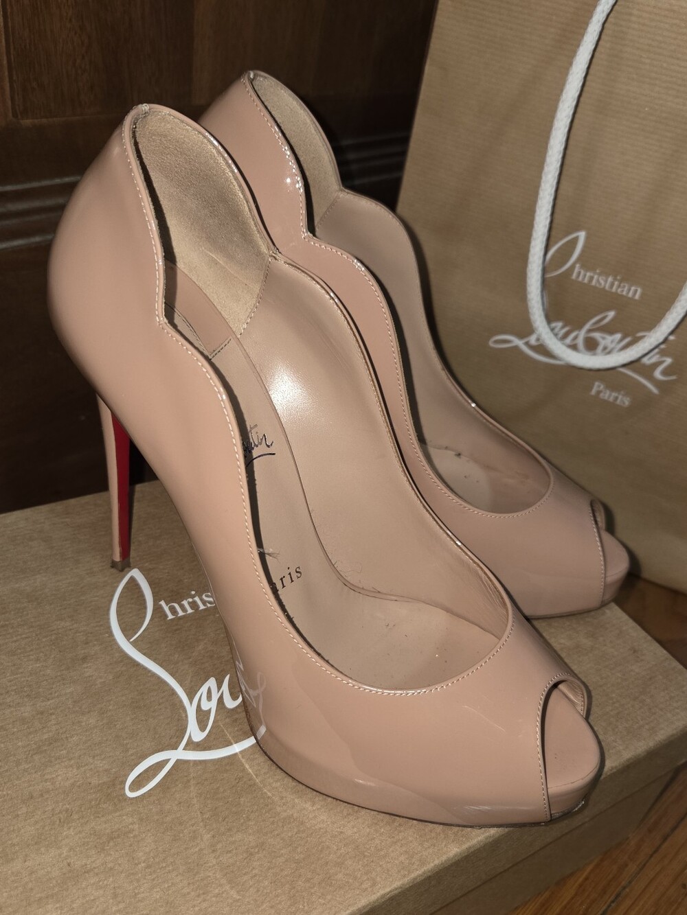 Christian Louboutin Blush Patent Peep-Toe Pumps with Red Sole 120 ALTA HOT CHICK